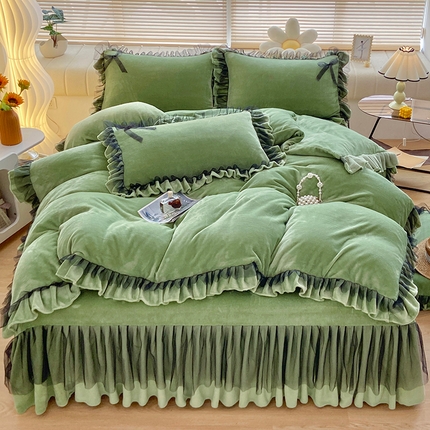 言熙居 2024新款牛奶绒蕾丝花边黑纱四件套 蕾丝-小清新抹茶绿