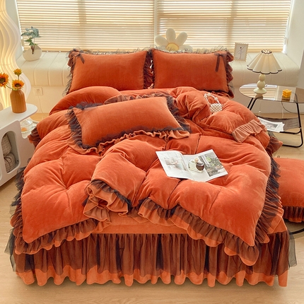 91家纺网 家纺一手货源 找家纺 言熙居 2024新款牛奶绒蕾丝花边黑纱四件套 蕾丝-小清新桔