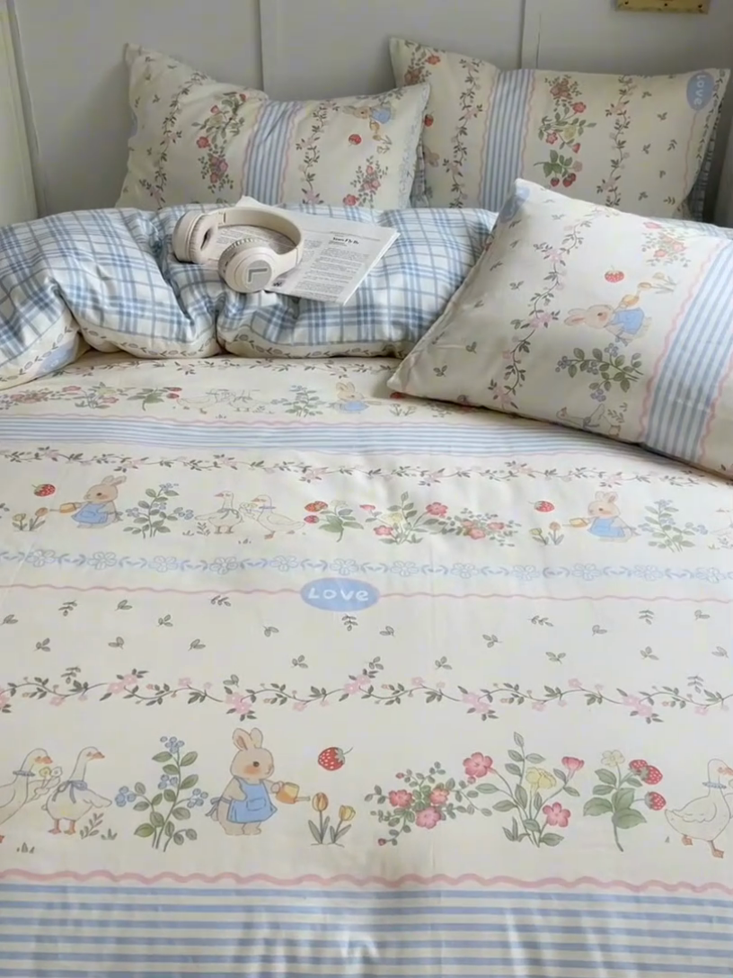 91家纺网 家纺一手货源 找家纺 瑞莱 （持续上新）2024开学季全棉萌趣印花四件套 花边可爱兔