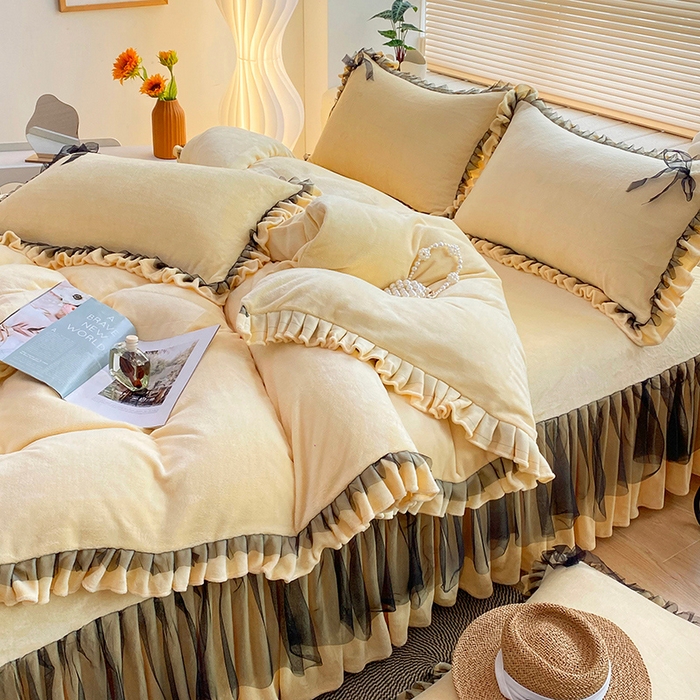 91家纺网 家纺一手货源 找家纺 言熙居 2024新款牛奶绒蕾丝花边黑纱四件套 蕾丝-小清新黄