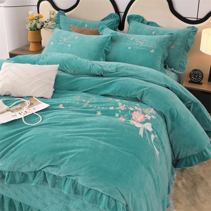 91家纺网 家纺一手货源 找家纺 优姿家纺 2024新品宝宝绒11斤夹棉床盖保暖四件套 今生有约-湖蓝