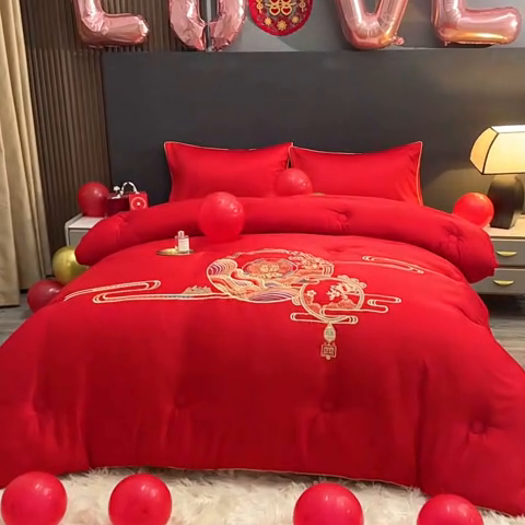 91家纺网 家纺一手货源 找家纺 壹张床 2025新款婚庆被绣花大红大豆被冬被喜庆被芯 吉祥如意