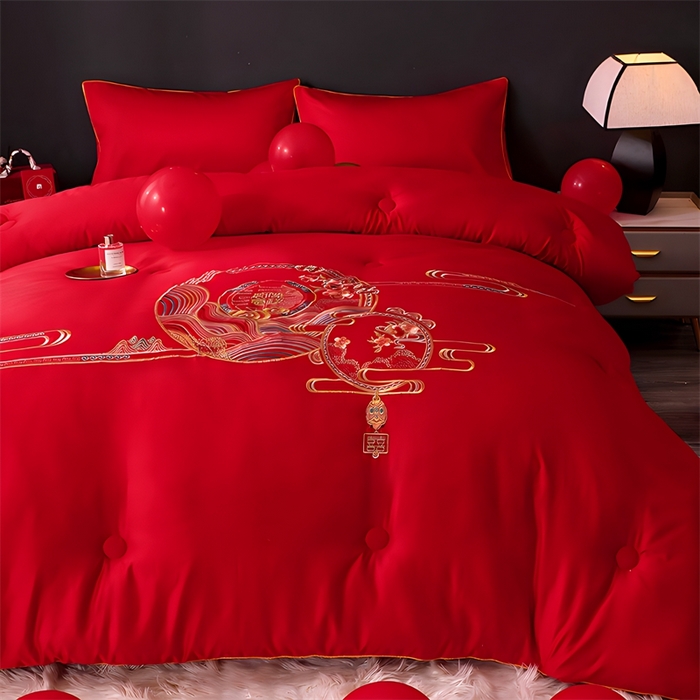 91家纺网 家纺一手货源 找家纺 壹张床 2025新款婚庆被绣花大红大豆被冬被喜庆被芯 吉祥如意