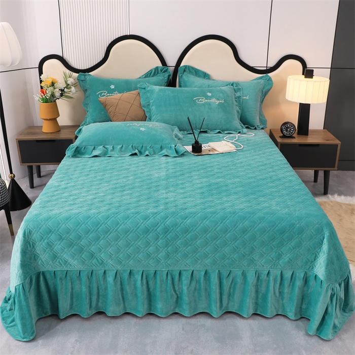 91家纺网 家纺一手货源 找家纺 优姿家纺 2024新品宝宝绒11斤夹棉床盖保暖四件套 铃兰花-湖蓝