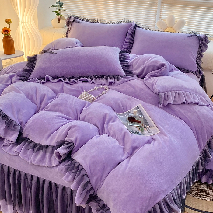 91家纺网 家纺一手货源 找家纺 言熙居 2024新款牛奶绒蕾丝花边黑纱四件套 蕾丝-小清新紫