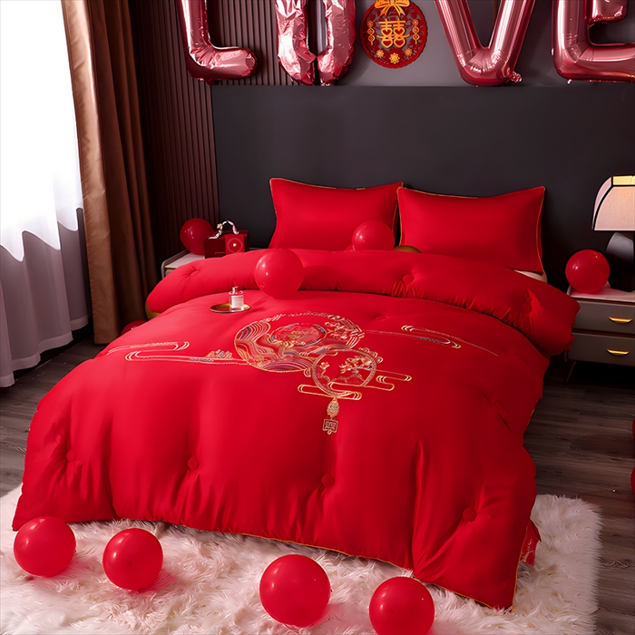91家纺网 家纺一手货源 找家纺 壹张床 2025新款婚庆被绣花大红大豆被冬被喜庆被芯 吉祥如意