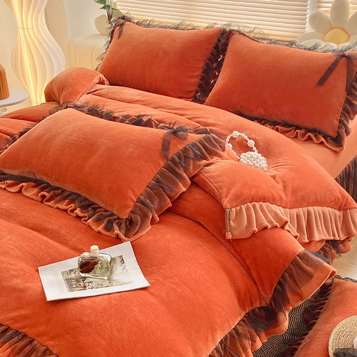 91家纺网 家纺一手货源 找家纺 言熙居 2024新款牛奶绒蕾丝花边黑纱四件套 蕾丝-小清新桔