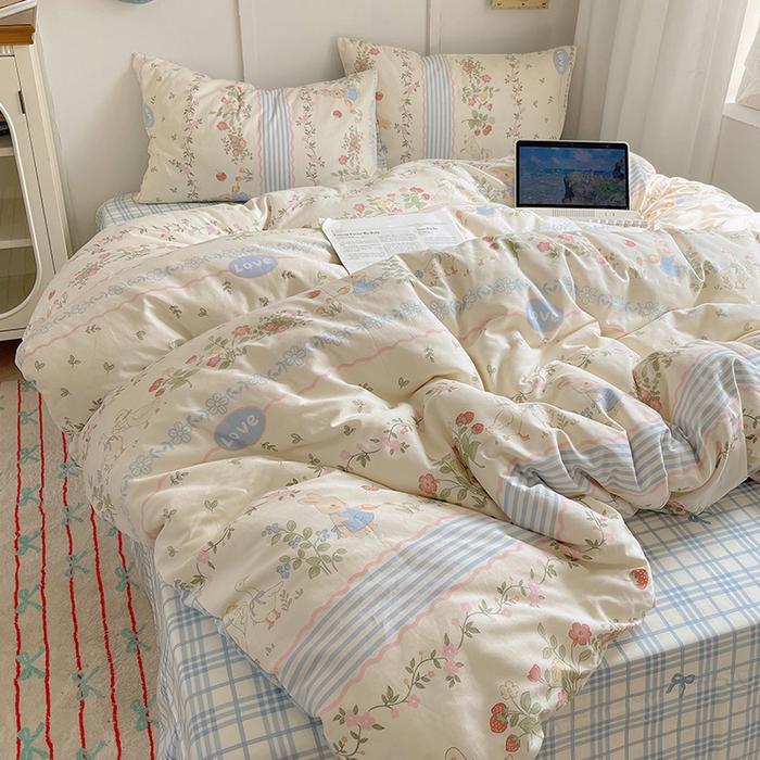 91家纺网 家纺一手货源 找家纺 瑞莱 （持续上新）2024开学季全棉萌趣印花四件套 花边可爱兔