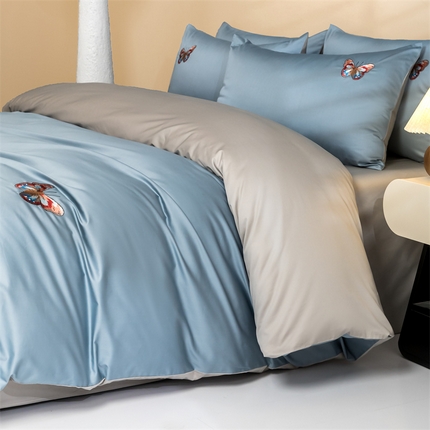 91家纺网 家纺一手货源 找家纺 （总）蓝米卡夫 2024新款A类100支全棉刺绣蝶恋系列四件套(礼盒包装）