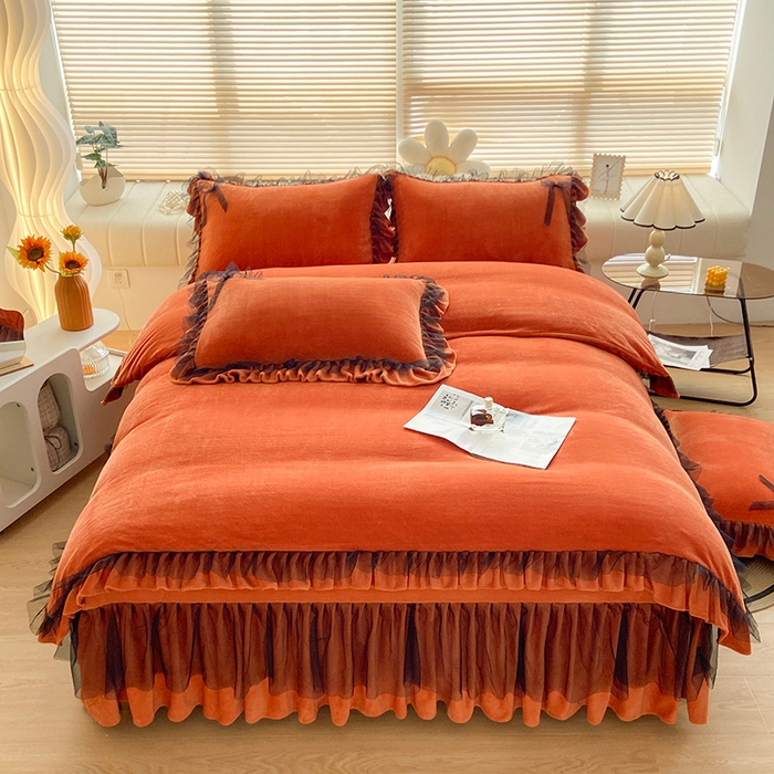 91家纺网 家纺一手货源 找家纺 言熙居 2024新款牛奶绒蕾丝花边黑纱四件套 蕾丝-小清新桔