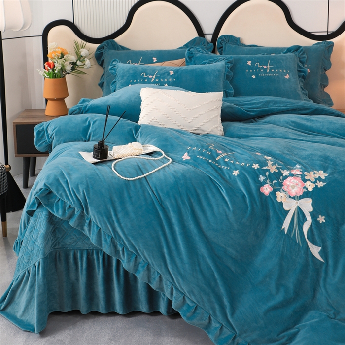 91家纺网 家纺一手货源 找家纺 优姿家纺 2024新品宝宝绒11斤夹棉床盖保暖四件套 今生有约-宝石蓝