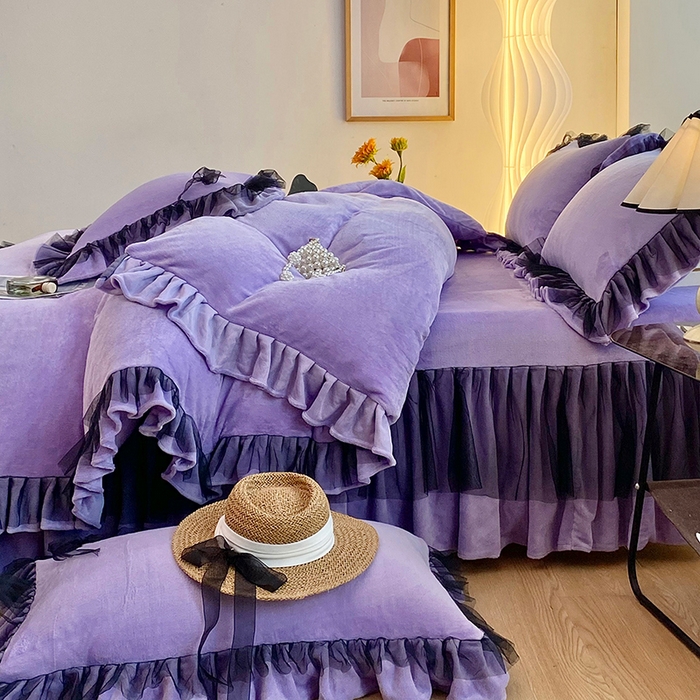 91家纺网 家纺一手货源 找家纺 言熙居 2024新款牛奶绒蕾丝花边黑纱四件套 蕾丝-小清新紫