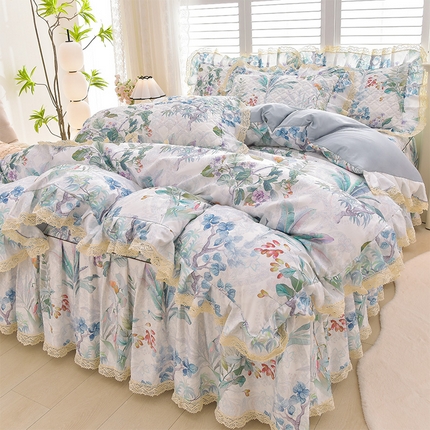 91家纺网 家纺一手货源 找家纺 家之硕家纺 2024秋冬新款鹿锦棉夹棉床裙印花四件套 山月雨林