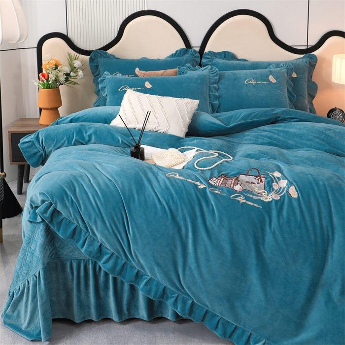 91家纺网 家纺一手货源 找家纺 优姿家纺 2024新品宝宝绒11斤夹棉床盖保暖四件套 小资生活-宝石蓝