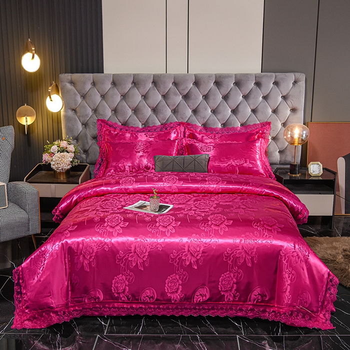 91家纺网 家纺一手货源 找家纺 提花大世界 2025新款布拉诺蕾丝提花莫代尔四件套 花香醉人-玫红