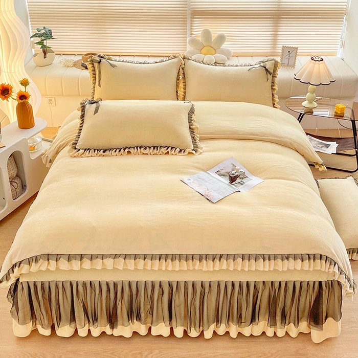 91家纺网 家纺一手货源 找家纺 言熙居 2024新款牛奶绒蕾丝花边黑纱四件套 蕾丝-小清新黄