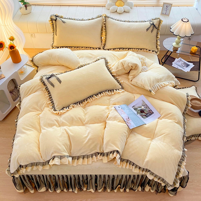 91家纺网 家纺一手货源 找家纺 言熙居 2024新款牛奶绒蕾丝花边黑纱四件套 蕾丝-小清新黄