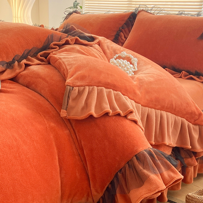 91家纺网 家纺一手货源 找家纺 言熙居 2024新款牛奶绒蕾丝花边黑纱四件套 蕾丝-小清新桔