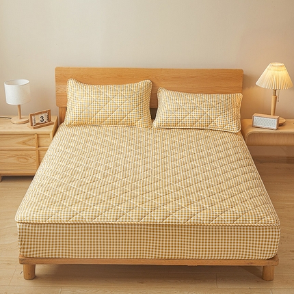 多谷家纺 2024新款格子无印风系列棉花夹棉床笠 黄小格