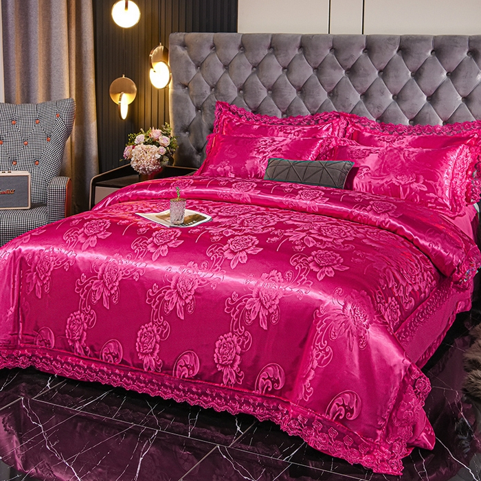 91家纺网 家纺一手货源 找家纺 提花大世界 2025新款布拉诺蕾丝提花莫代尔四件套 花香醉人-玫红