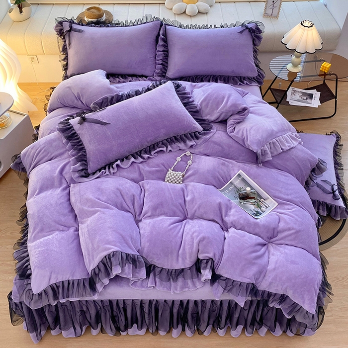 91家纺网 家纺一手货源 找家纺 言熙居 2024新款牛奶绒蕾丝花边黑纱四件套 蕾丝-小清新紫