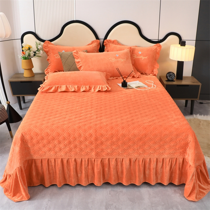 91家纺网 家纺一手货源 找家纺 优姿家纺 2024新品宝宝绒11斤夹棉床盖保暖四件套 铃兰花-橙色