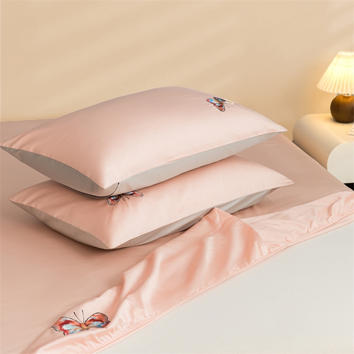 91家纺网 家纺一手货源 找家纺 蓝米卡夫 2024新款A类100支全棉刺绣蝶恋系列单床笠三件套 蝶恋100支-蔷薇粉