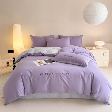 91家纺网 家纺一手货源 找家纺 懒猫家纺 2024新款简约轻奢款全棉磨毛绣花四件套 罗兰紫