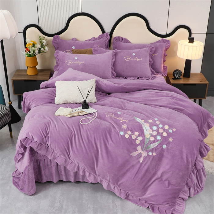 91家纺网 家纺一手货源 找家纺 优姿家纺 2024新品宝宝绒11斤夹棉床盖保暖四件套 铃兰花-优雅紫