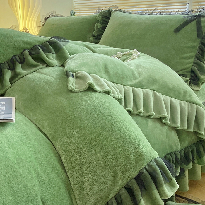 91家纺网 家纺一手货源 找家纺 言熙居 2024新款牛奶绒蕾丝花边黑纱四件套 蕾丝-小清新抹茶绿