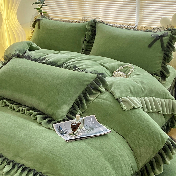 91家纺网 家纺一手货源 找家纺 言熙居 2024新款牛奶绒蕾丝花边黑纱四件套 蕾丝-小清新抹茶绿