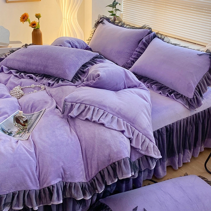 91家纺网 家纺一手货源 找家纺 言熙居 2024新款牛奶绒蕾丝花边黑纱四件套 蕾丝-小清新紫