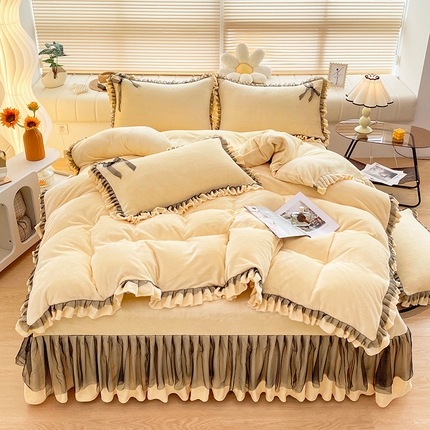 言熙居 2024新款牛奶绒蕾丝花边黑纱四件套 蕾丝-小清新黄