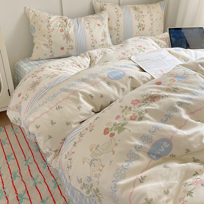 91家纺网 家纺一手货源 找家纺 瑞莱 （持续上新）2024开学季全棉萌趣印花四件套 花边可爱兔