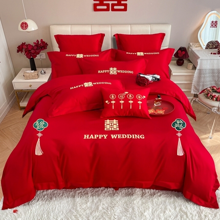 金麦家纺 2024新款婚庆加厚亲肤棉刺绣套件婚庆四件套六件套小红书推荐 千禧良缘