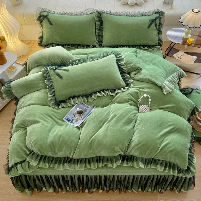 91家纺网 家纺一手货源 找家纺 言熙居 2024新款牛奶绒蕾丝花边黑纱四件套 蕾丝-小清新抹茶绿