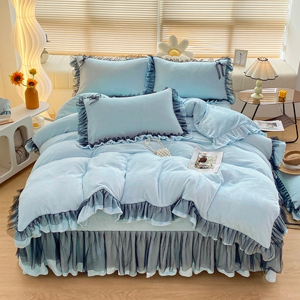 言熙居 2024新款牛奶绒蕾丝花边黑纱四件套 蕾丝-小清新蓝