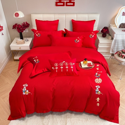 金麦家纺 2024新款婚庆加厚亲肤棉刺绣套件婚庆四件套六件套小红书推荐 百子纳福