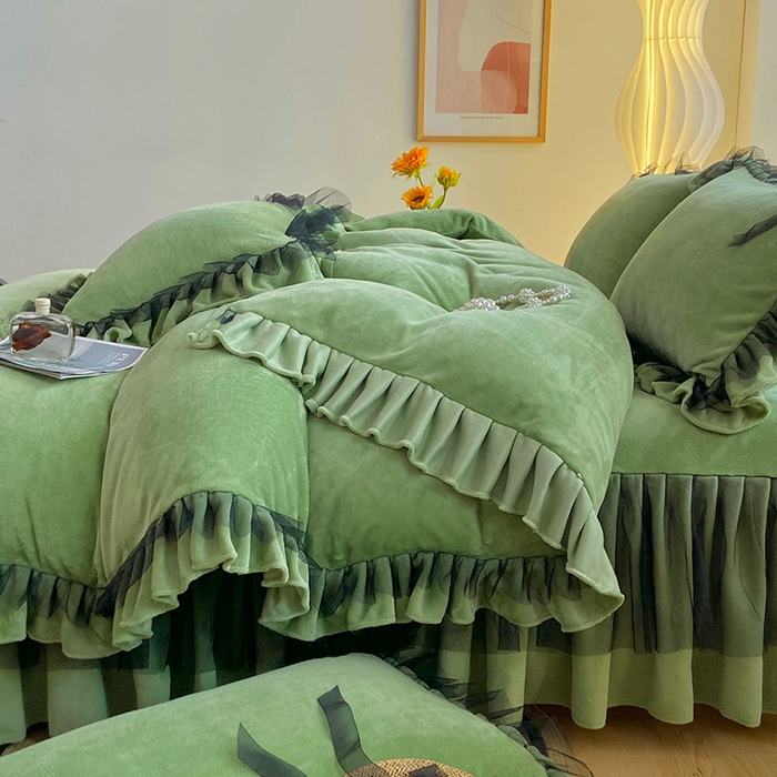 91家纺网 家纺一手货源 找家纺 言熙居 2024新款牛奶绒蕾丝花边黑纱四件套 蕾丝-小清新抹茶绿