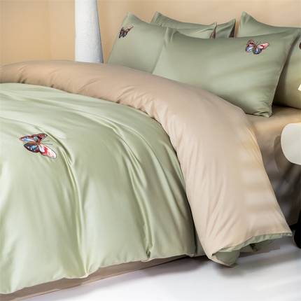蓝米卡夫 2024新款A类100支全棉刺绣蝶恋系列四件套(礼盒包装） 蝶恋100支-莺茶绿配香槟金