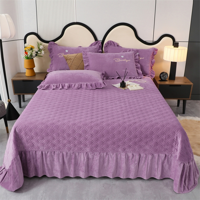91家纺网 家纺一手货源 找家纺 优姿家纺 2024新品宝宝绒11斤夹棉床盖保暖四件套 铃兰花-优雅紫