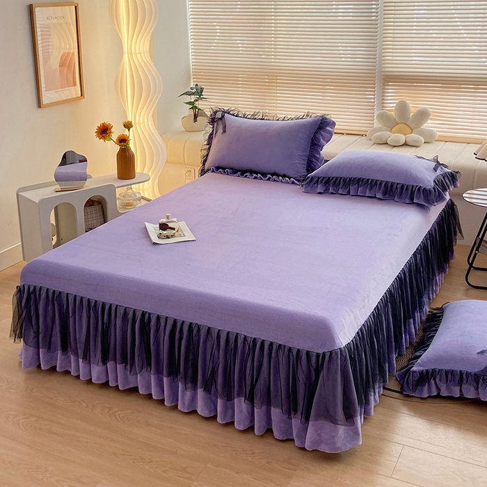 91家纺网 家纺一手货源 找家纺 言熙居 2024新款牛奶绒蕾丝花边黑纱四件套 蕾丝-小清新紫