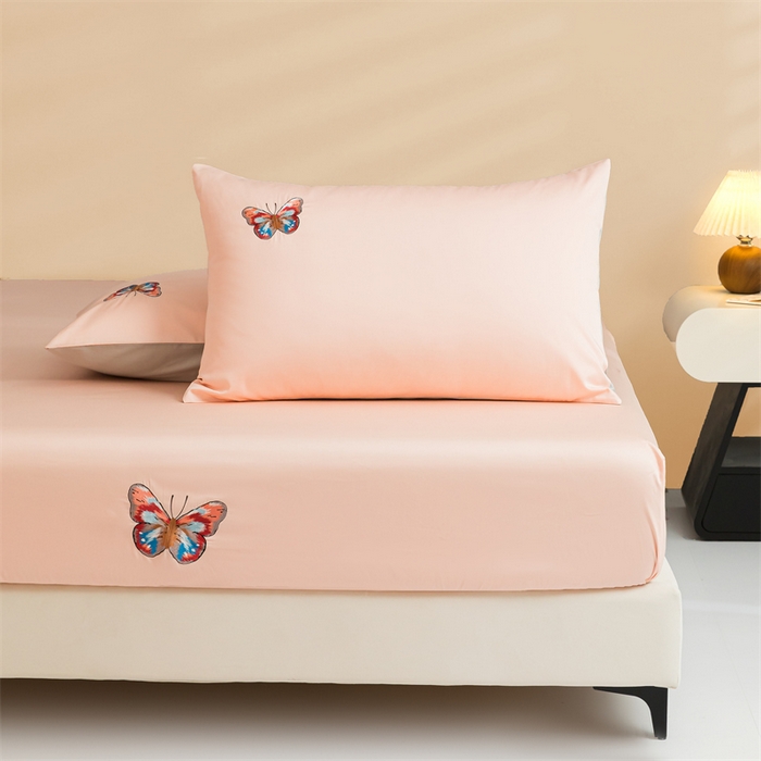 91家纺网 家纺一手货源 找家纺 蓝米卡夫 2024新款A类100支全棉刺绣蝶恋系列单床笠三件套 蝶恋100支-蔷薇粉