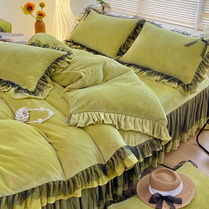 91家纺网 家纺一手货源 找家纺 言熙居 2024新款牛奶绒蕾丝花边黑纱四件套 蕾丝-小清新绿