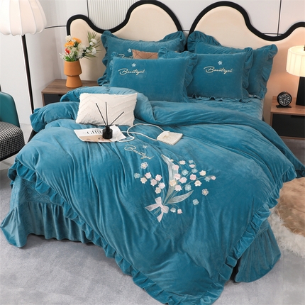 优姿家纺 2024新品宝宝绒11斤夹棉床盖保暖四件套 铃兰花-宝石蓝