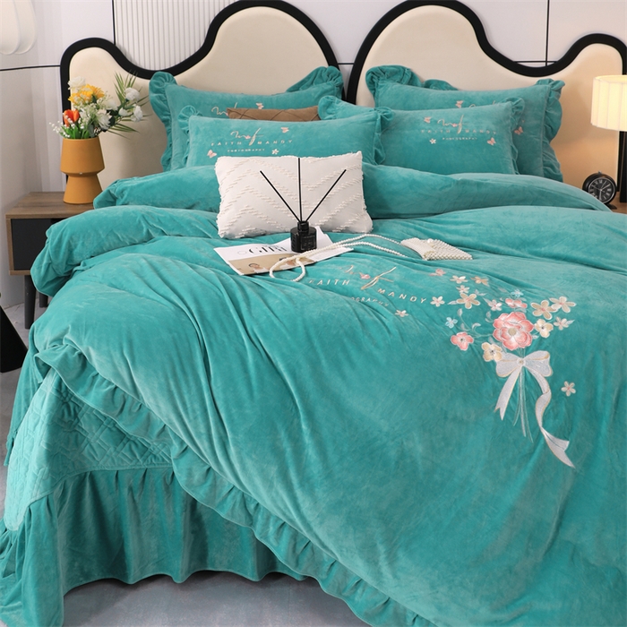 91家纺网 家纺一手货源 找家纺 优姿家纺 2024新品宝宝绒11斤夹棉床盖保暖四件套 今生有约-湖蓝