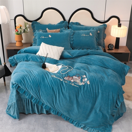 优姿家纺 2024新品宝宝绒11斤夹棉床盖保暖四件套 小资生活-宝石蓝