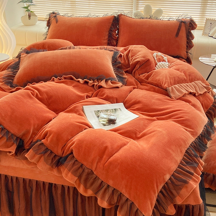 91家纺网 家纺一手货源 找家纺 言熙居 2024新款牛奶绒蕾丝花边黑纱四件套 蕾丝-小清新桔