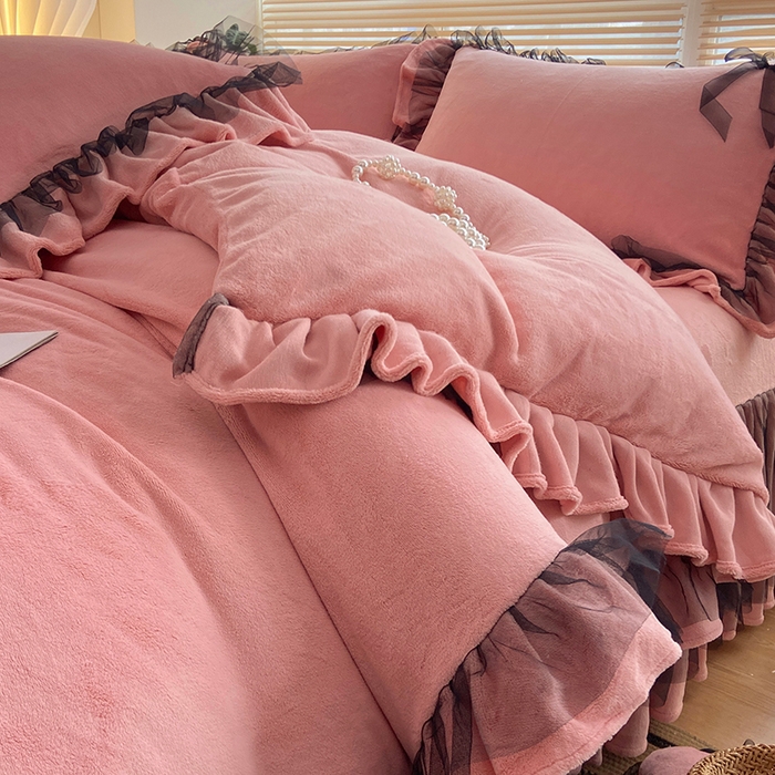 91家纺网 家纺一手货源 找家纺 言熙居 2024新款牛奶绒蕾丝花边黑纱四件套 蕾丝-小清新玉