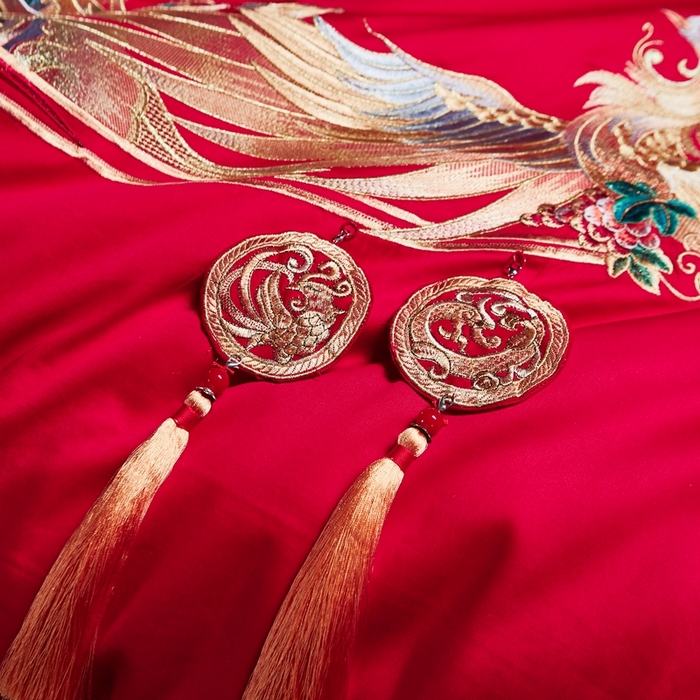 91家纺网 家纺一手货源 找家纺 美娘阁 2025新款长绒棉贡缎新中式古典韵味精美刺绣婚庆四件套多件套系列 相爱相守